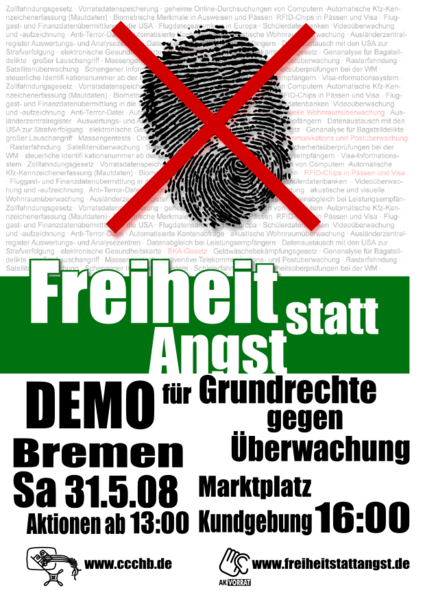 Freiheit statt Angst - Demo für Grundrechte gegen Überwachung: Bremen, Sa. 31.5.08 - Aktionen ab 13:00, Kundgebung 16:00